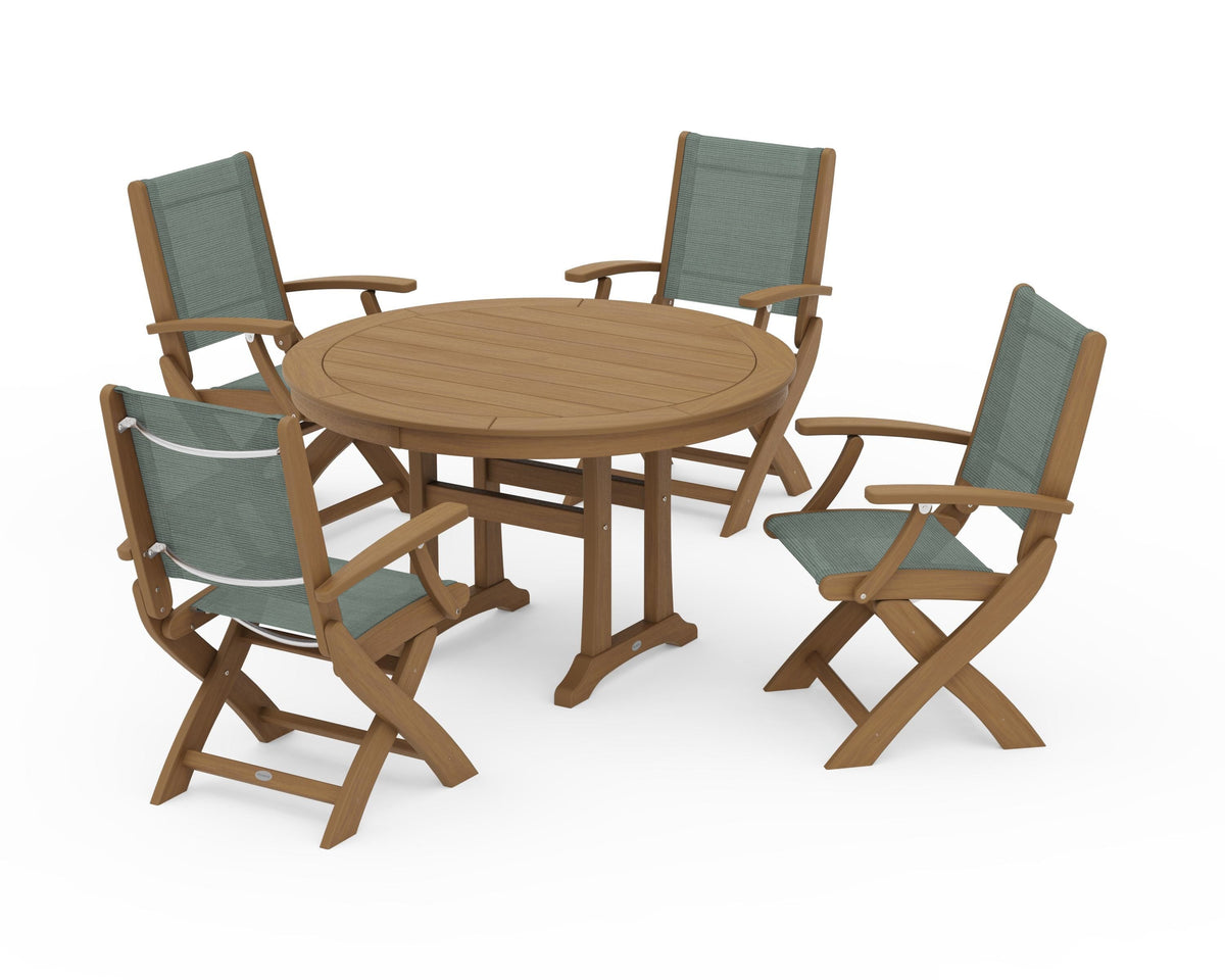 POLYWOOD Coastal Folding Chair 5-Piece Round Dining Set with Trestle Legs in Natural / Dupioni Sea Mist
