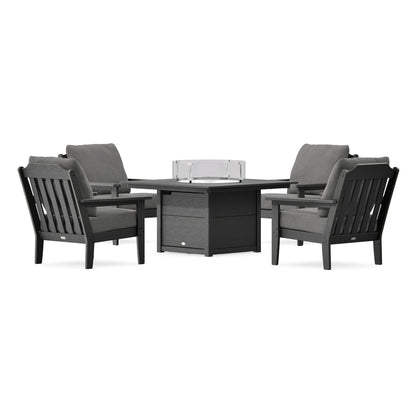 POLYWOOD Country Living Cottage 5-Piece Deep Seating Set with Fire Pit Table in Black