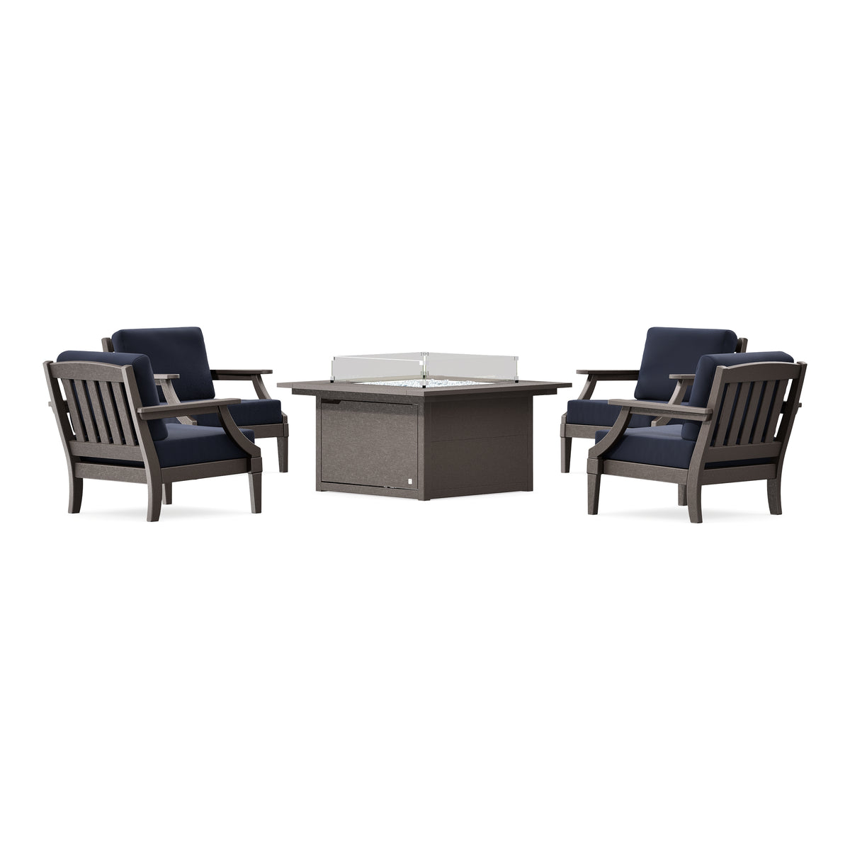 POLYWOOD PW Designer Series Estate 5-Piece Lounge Fire Table Set in Vintage Coffee / Navy