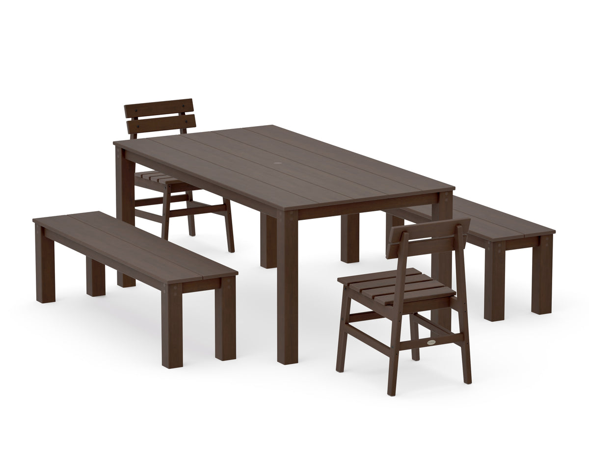 POLYWOOD Modern Studio Plaza Chair 5-Piece Parsons Dining Set with Benches - 38" x 72" Table in Kona