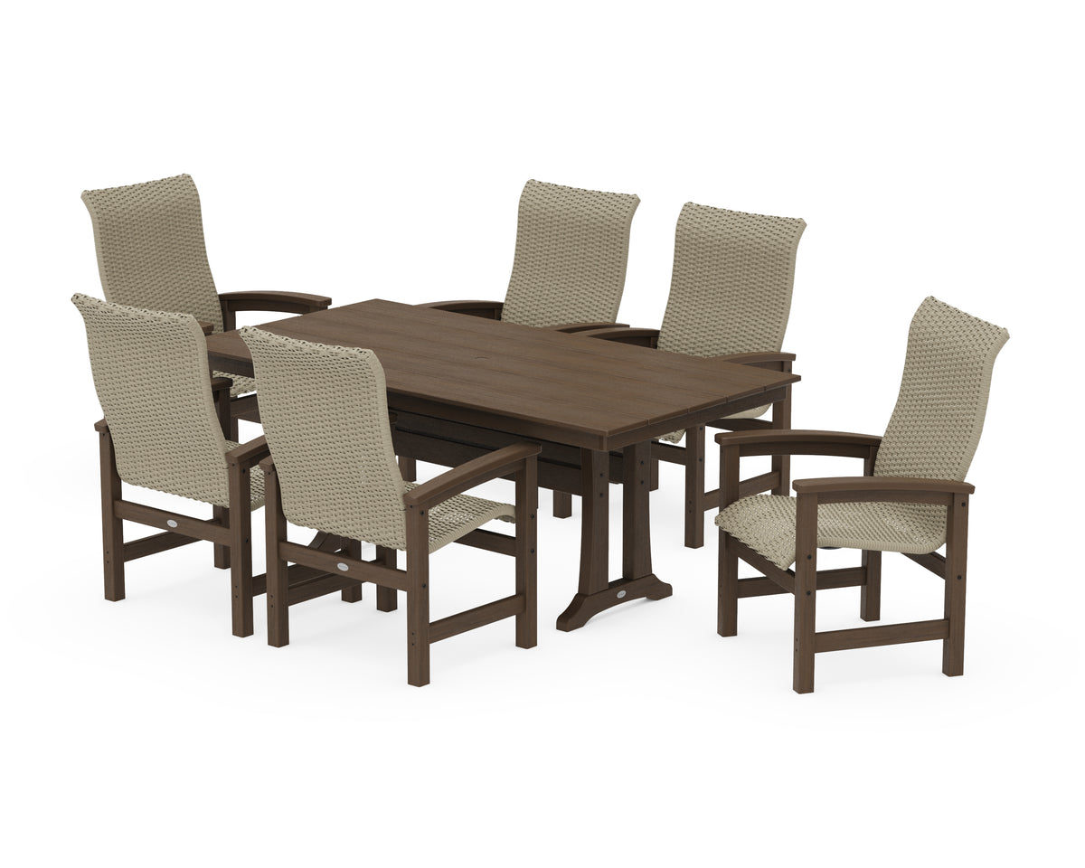 POLYWOOD Coastal Woven High-Back Arm Chair 7-Piece Farmhouse Dining Set with Trestle Legs in Kona / Dune Grass