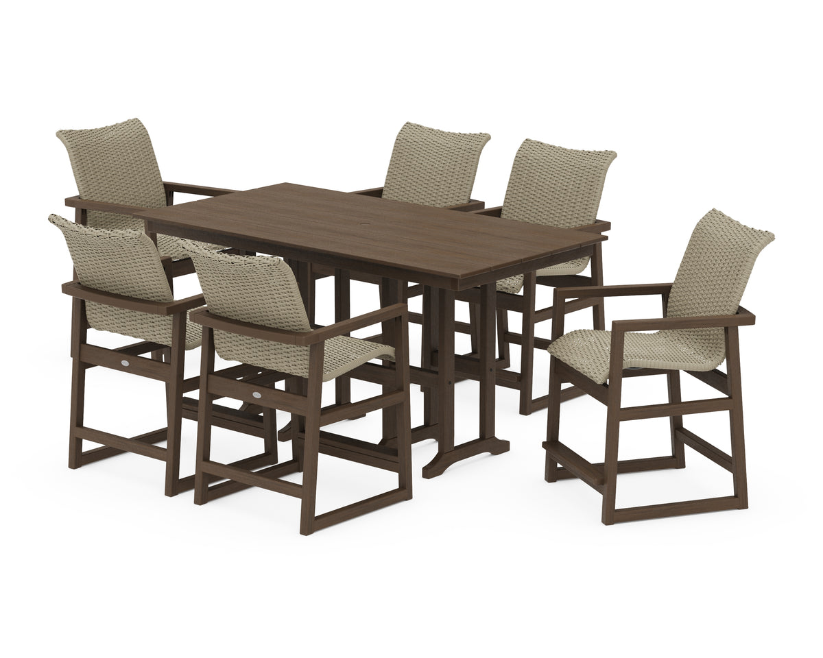 POLYWOOD EDGE Woven Arm Chair 7-Piece Farmhouse Counter Set in Kona / Dune Grass