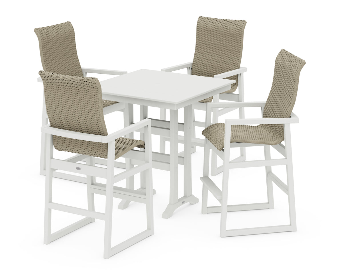 POLYWOOD EDGE Woven Highback 5-Piece Farmhouse Bar Set with Trestle Legs in White / Dune Grass
