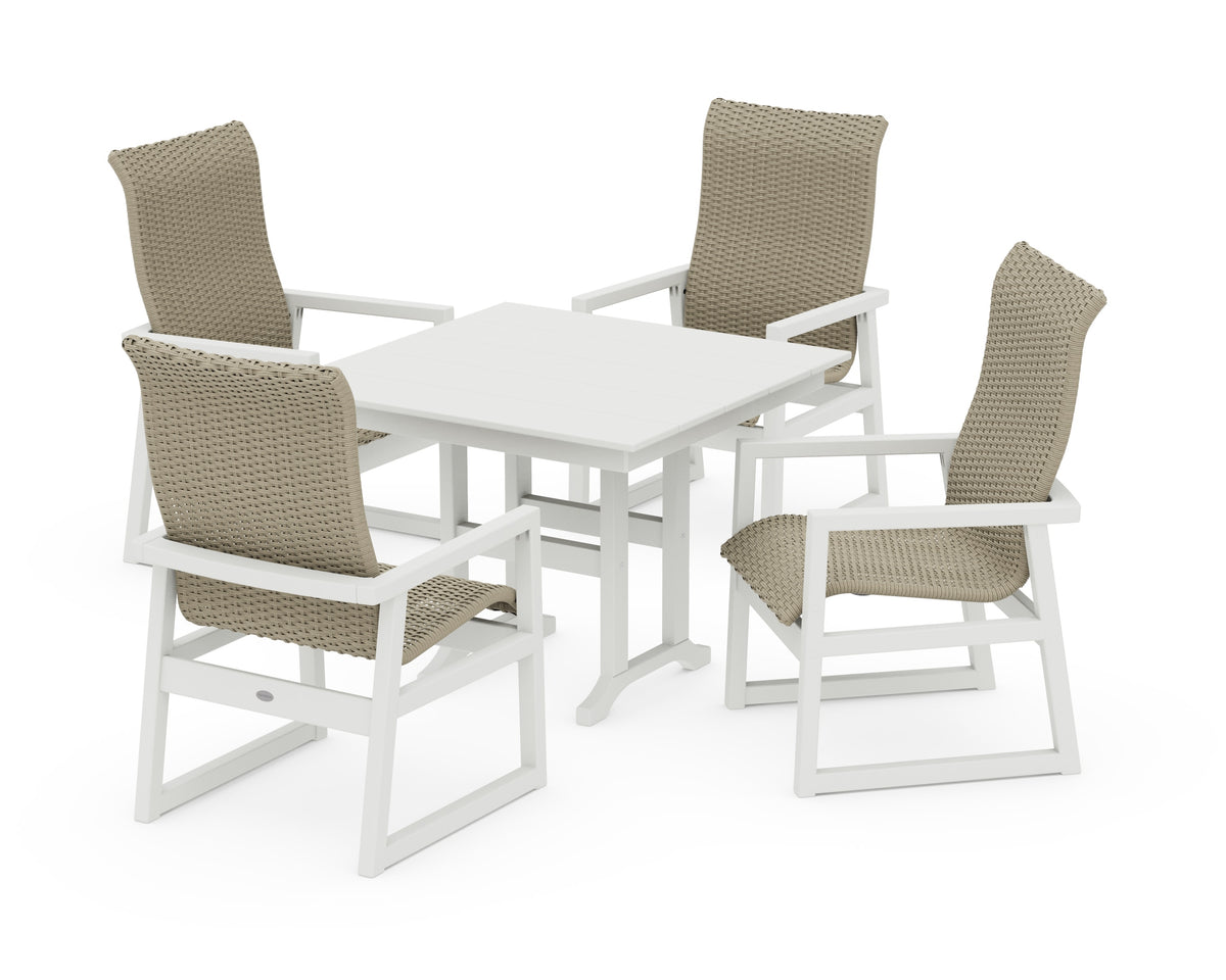 POLYWOOD EDGE Woven High-Back 5-Piece Farmhouse Dining Set in White / Dune Grass