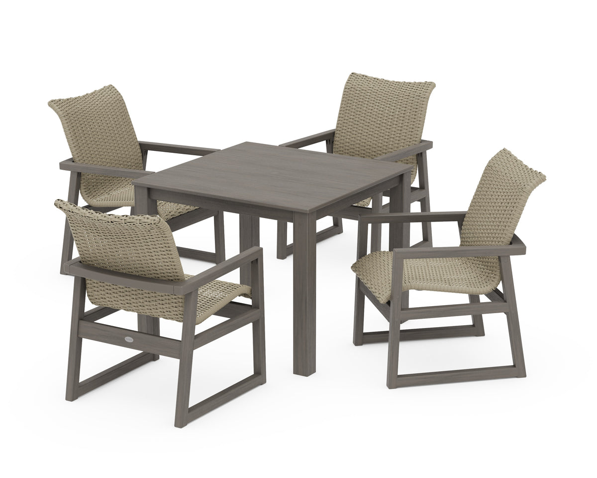 POLYWOOD EDGE Woven 5-Piece Parsons Dining Set in Driftwood / Dune Grass