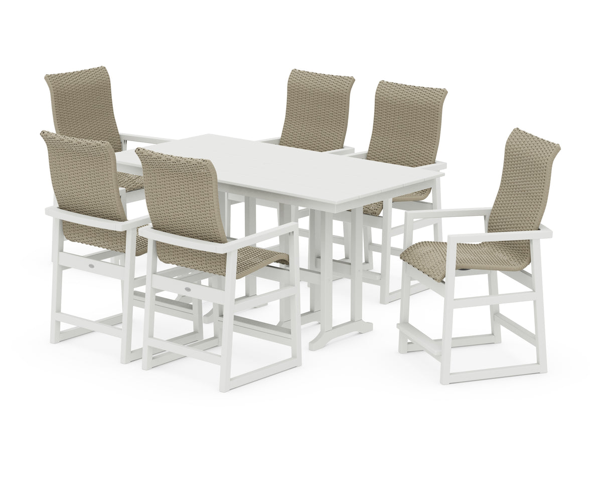 POLYWOOD EDGE Woven Highback Arm Chair 7-Piece Farmhouse Counter Set in White / Dune Grass