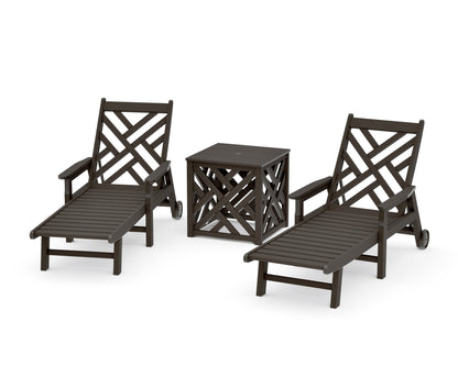 POLYWOOD Chippendale 3-Piece Chaise Set with Umbrella Stand Accent Table in Vintage Coffee