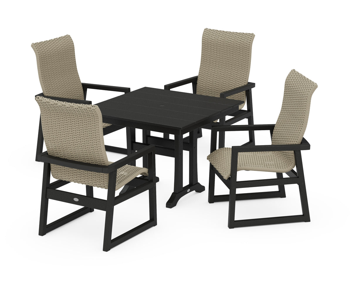 POLYWOOD EDGE Woven High-Back 5-Piece Farmhouse Dining Set with Trestle Legs in Black / Dune Grass