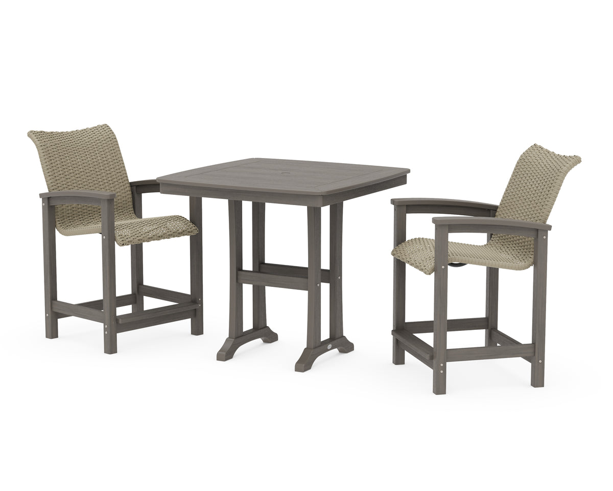 POLYWOOD Coastal Woven 3-Piece Counter Set with Trestle Legs in Driftwood / Dune Grass