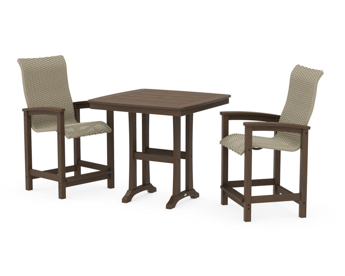 POLYWOOD Coastal Woven High-Back 3-Piece Counter Set with Trestle Legs in Kona / Dune Grass