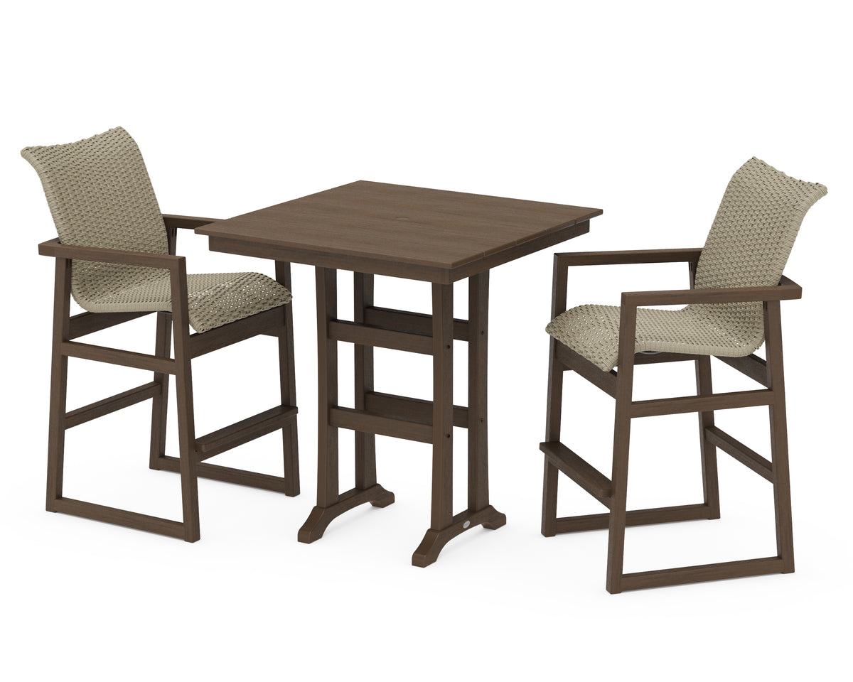 POLYWOOD EDGE Woven 3-Piece Farmhouse Bar Set with Trestle Legs in Kona / Dune Grass