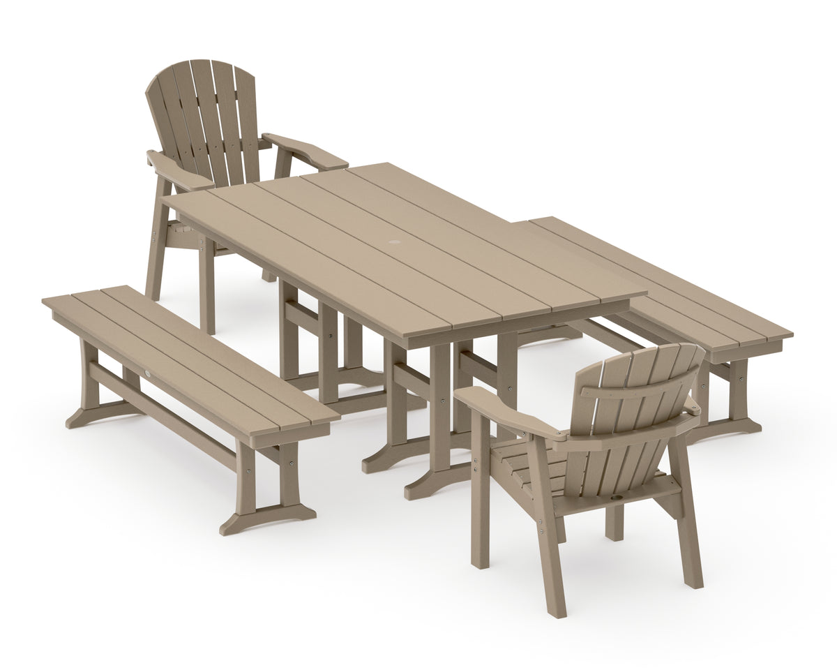 POLYWOOD Seashell 5-Piece Farmhouse Dining Set with Benches in Vintage Sahara