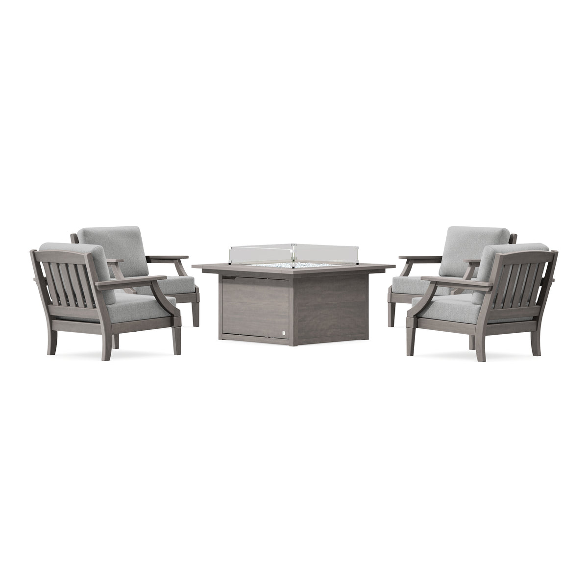 POLYWOOD PW Designer Series Estate 5-Piece Lounge Fire Table Set in Driftwood / Grey Mist
