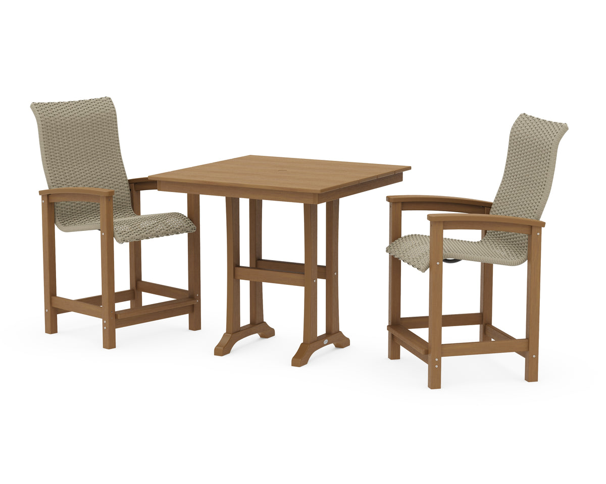 POLYWOOD Coastal Woven High-Back 3-Piece Farmhouse Counter Set with Trestle Legs in Natural / Dune Grass