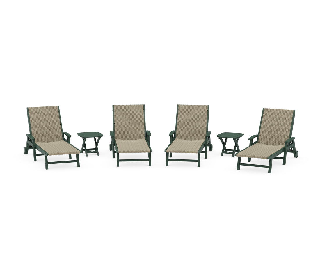 POLYWOOD 6-Piece Coastal Woven Chaise with Arms and Wheels Lounge Set in Green / Dune Grass