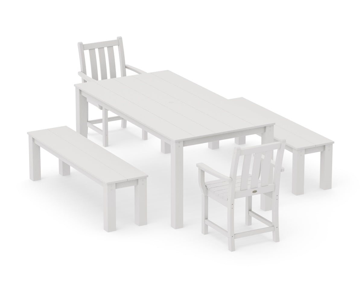 POLYWOOD Traditional Garden 5-Piece Parsons Dining Set with Benches in Vintage White