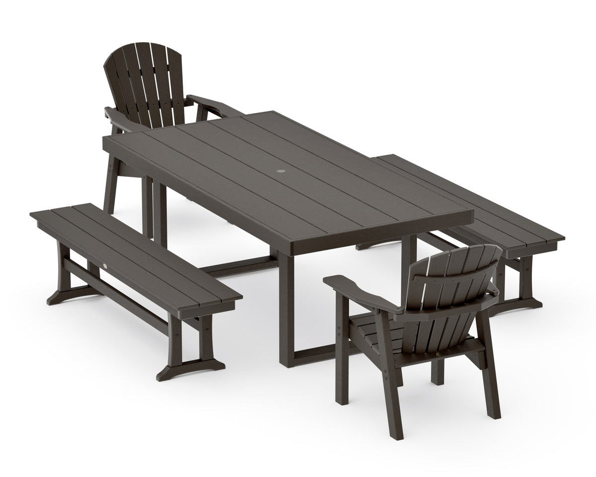 POLYWOOD Seashell 5-Piece Dining Set with Benches - 40" x 78" Table in Vintage Coffee