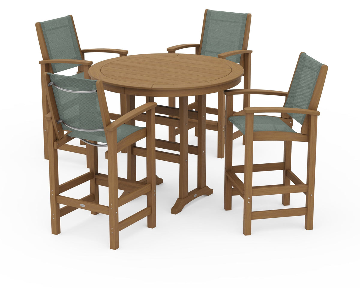 POLYWOOD Coastal 5-Piece Nautical Trestle Bar Set in Natural / Dupioni Sea Mist