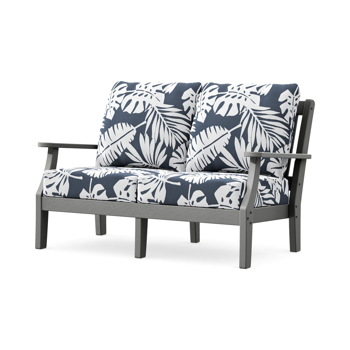 POLYWOOD Chinoiserie Deep Seating Loveseat in Slate Grey / Leaf Marine Indigo