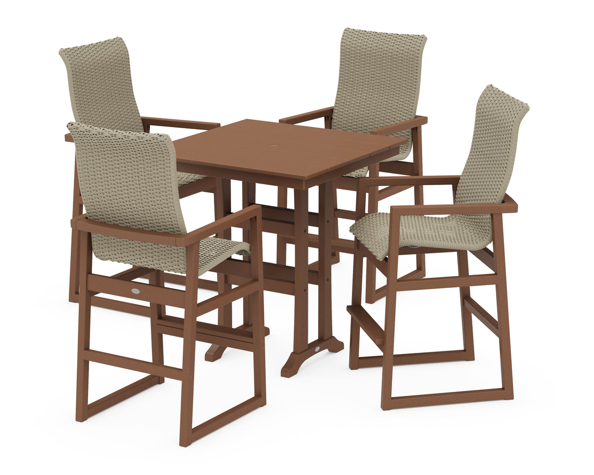 POLYWOOD EDGE Woven Highback 5-Piece Farmhouse Bar Set with Trestle Legs in Teak / Dune Grass