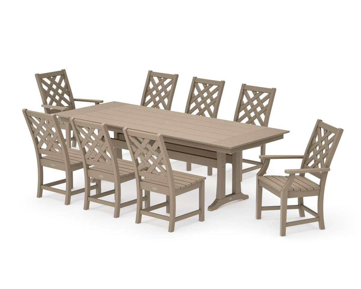 POLYWOOD Wovendale 9-Piece Farmhouse Dining Set with Trestle Legs in Vintage Sahara