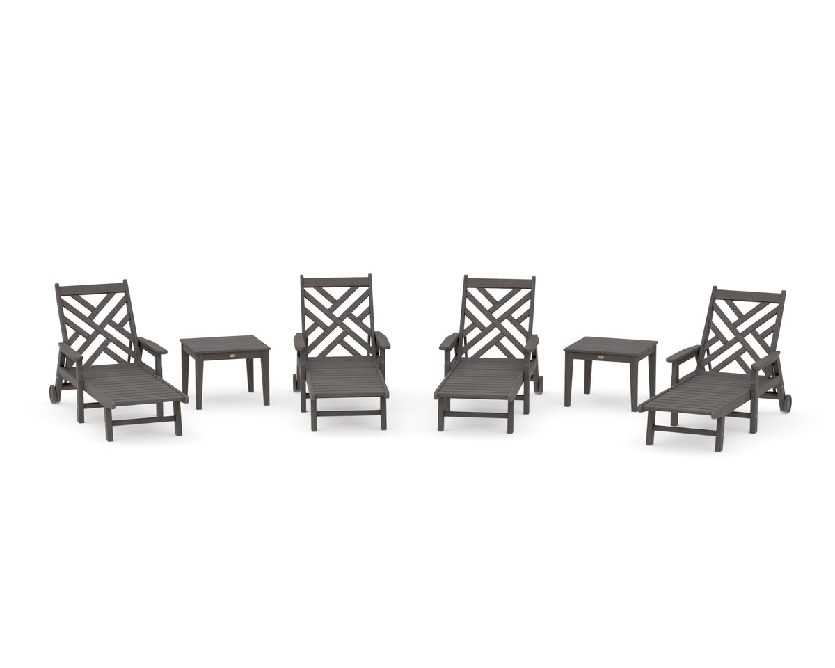 POLYWOOD Chippendale 6-Piece Chaise Set with Arms and Wheels in Driftwood