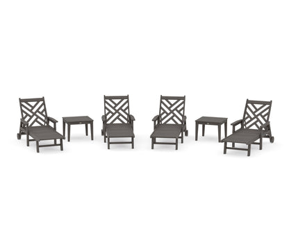 POLYWOOD Chippendale 6-Piece Chaise Set with Arms and Wheels in Driftwood