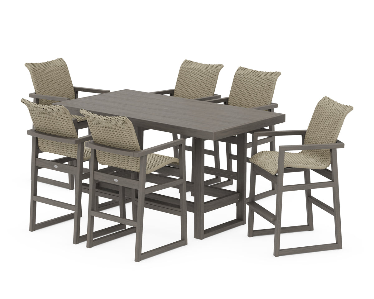 POLYWOOD EDGE Woven Arm Chair 7-Piece Bar Set in Driftwood / Dune Grass