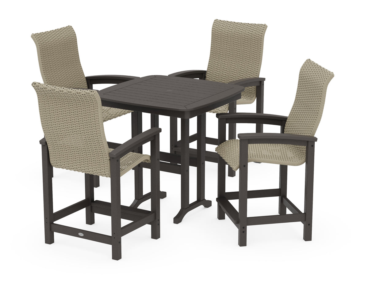 POLYWOOD Coastal Woven High-Back 5-Piece Counter Set in Vintage Coffee / Dune Grass
