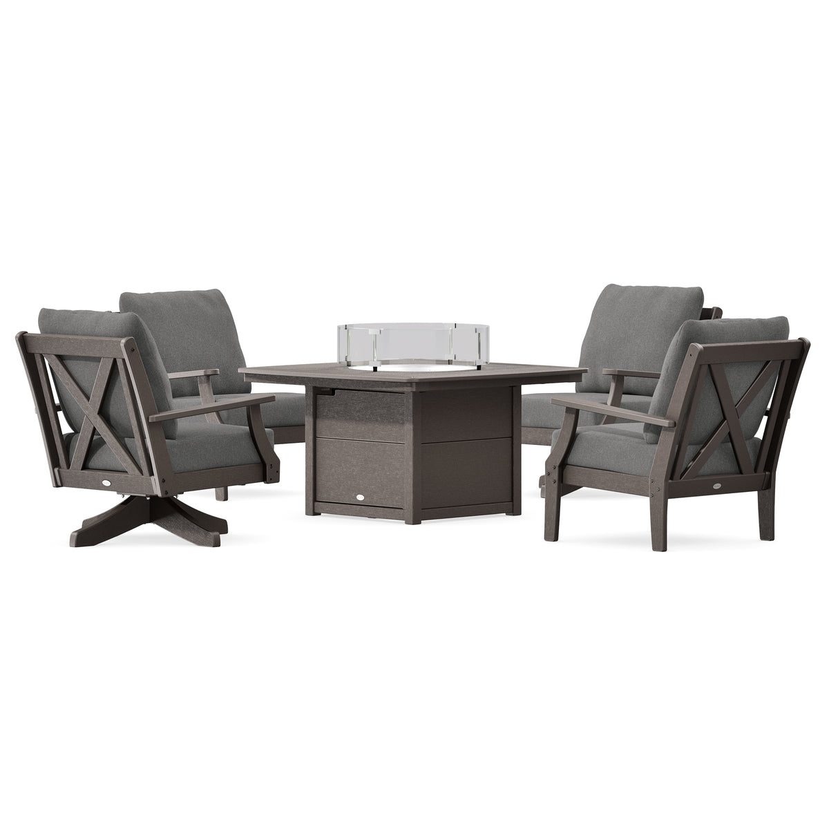 POLYWOOD Braxton 5-Piece Deep Seating Set with Fire Table in Vintage Coffee