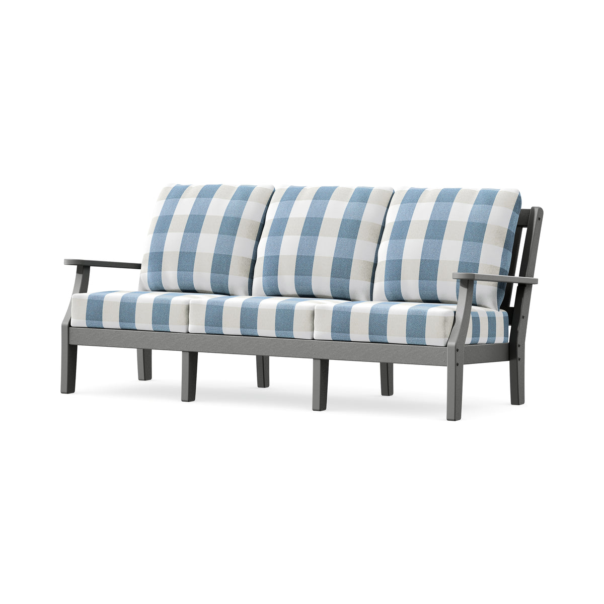 POLYWOOD Chinoiserie Deep Seating Sofa in Slate Grey / Buffalo Plaid Sky Blue