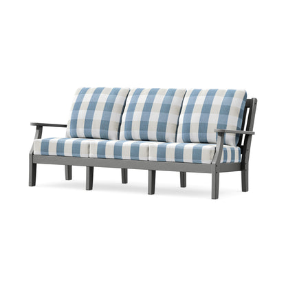 POLYWOOD Chinoiserie Deep Seating Sofa in Slate Grey / Buffalo Plaid Sky Blue