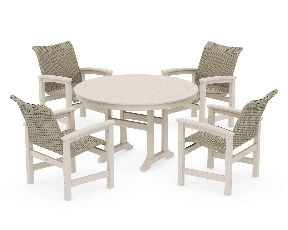 POLYWOOD Coastal Woven 5-Piece Round Dining Set with Trestle Legs in Sand / Dune Grass