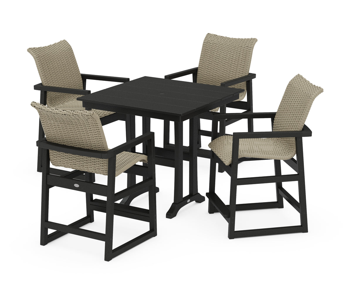 POLYWOOD EDGE Woven 5-Piece Farmhouse Counter Set with Trestle Legs in Black / Dune Grass