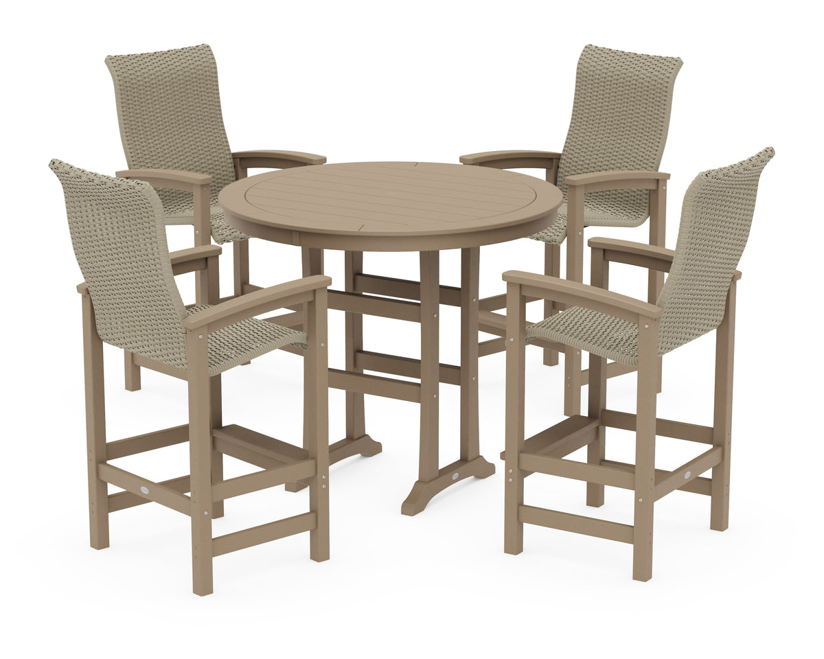 POLYWOOD Coastal Woven High-Back 5-Piece Round Bar Set in Vintage Sahara / Dune Grass