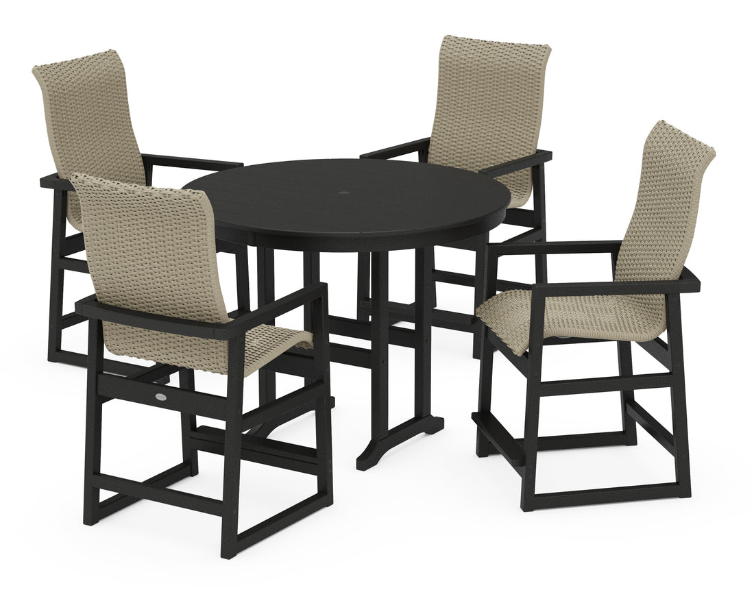 POLYWOOD EDGE Woven Highback 5-Piece Round Farmhouse Counter Set in Black / Dune Grass