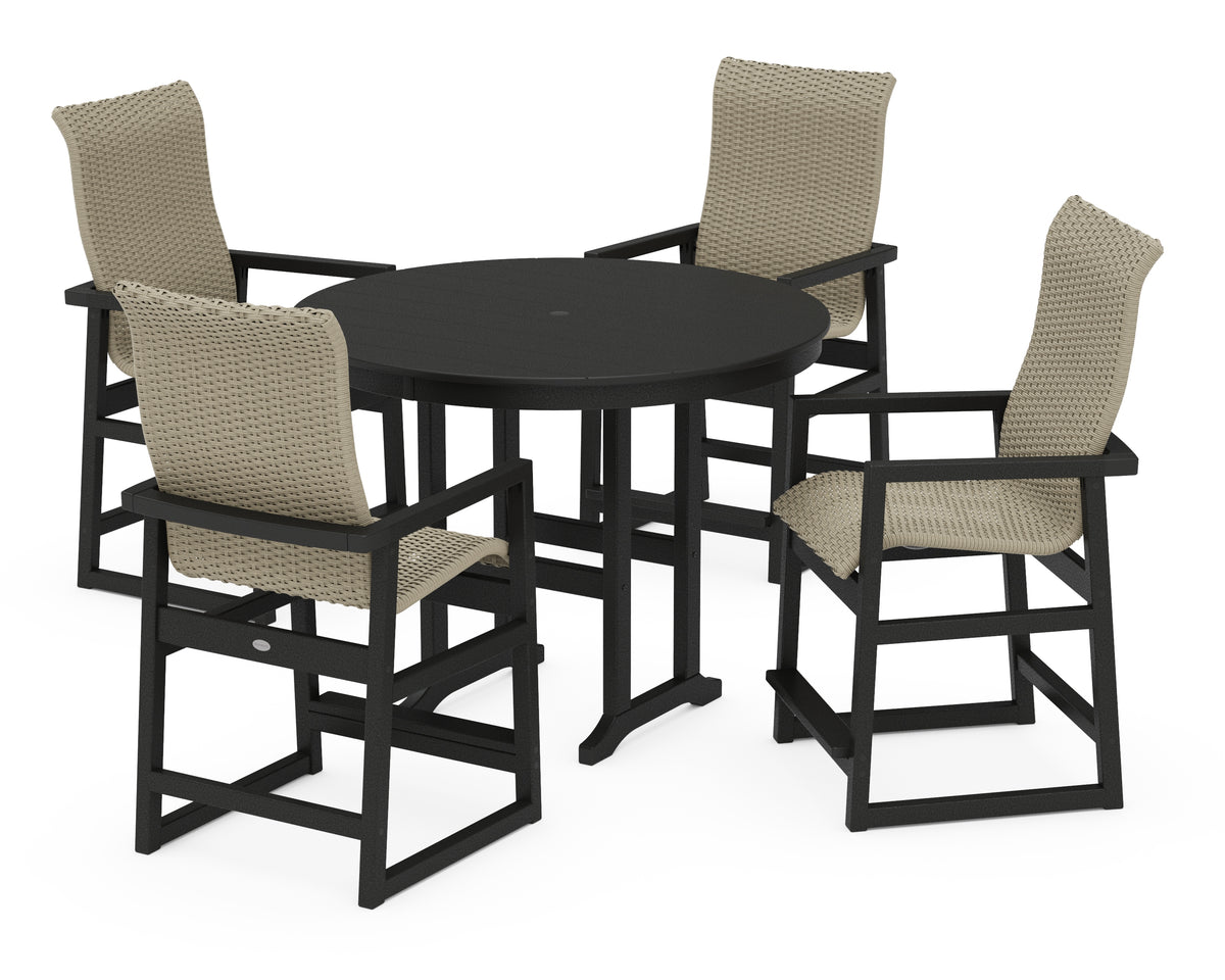 POLYWOOD EDGE Woven Highback 5-Piece Round Farmhouse Counter Set in Black / Dune Grass
