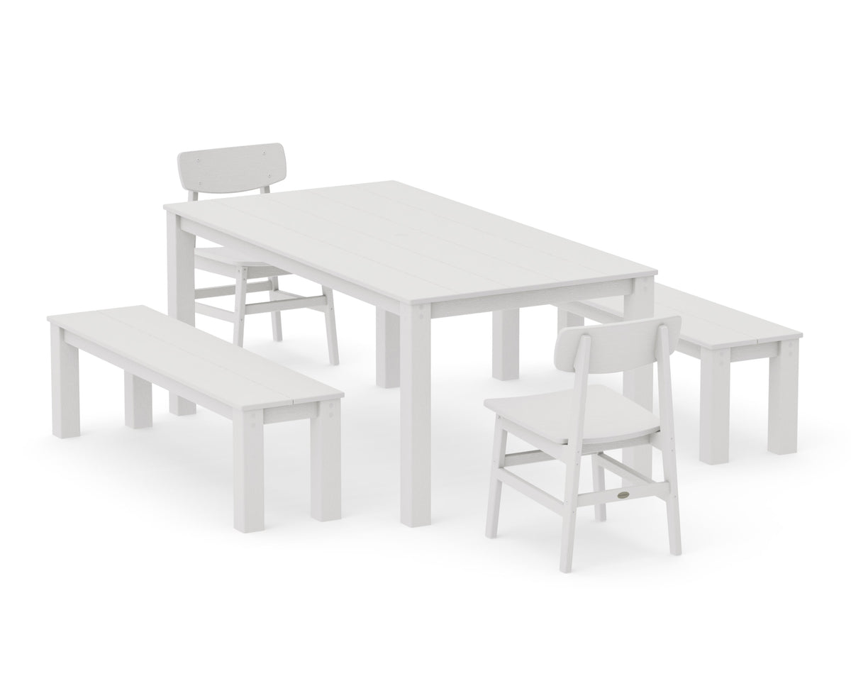 POLYWOOD Modern Studio Urban Chair 5-Piece Parsons Dining Set with Benches - 38" x 72" Table in Vintage White