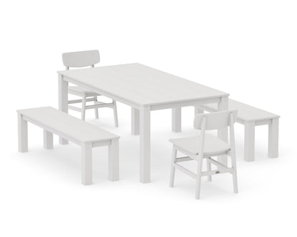 POLYWOOD Modern Studio Urban Chair 5-Piece Parsons Dining Set with Benches - 38" x 72" Table in Vintage White