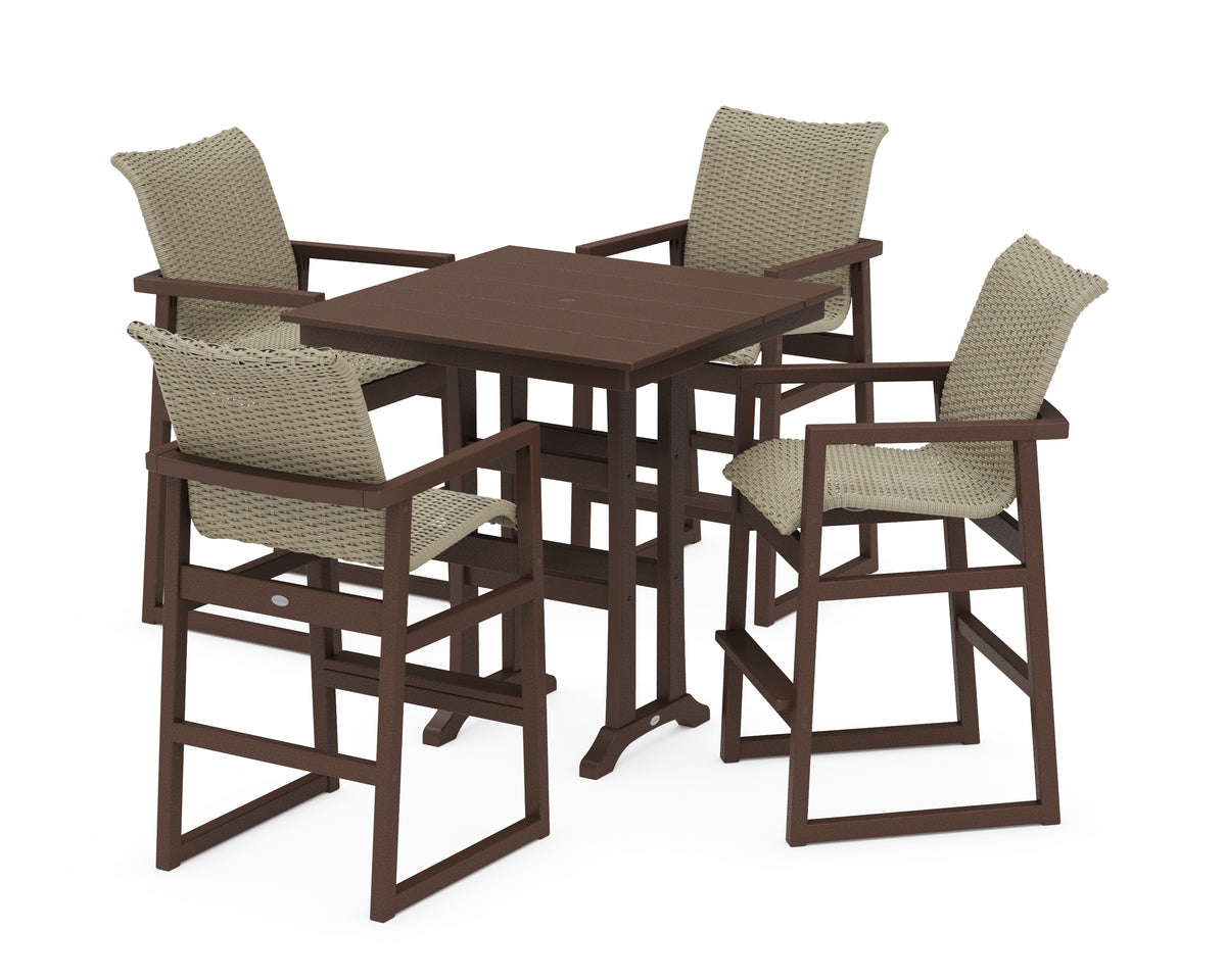 POLYWOOD EDGE Woven 5-Piece Farmhouse Bar Set with Trestle Legs in Mahogany / Dune Grass