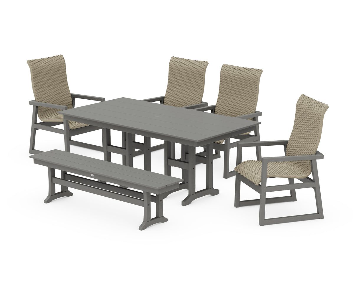 POLYWOOD EDGE Woven High-Back 6-Piece Farmhouse Dining Set with Bench in Slate Grey / Dune Grass
