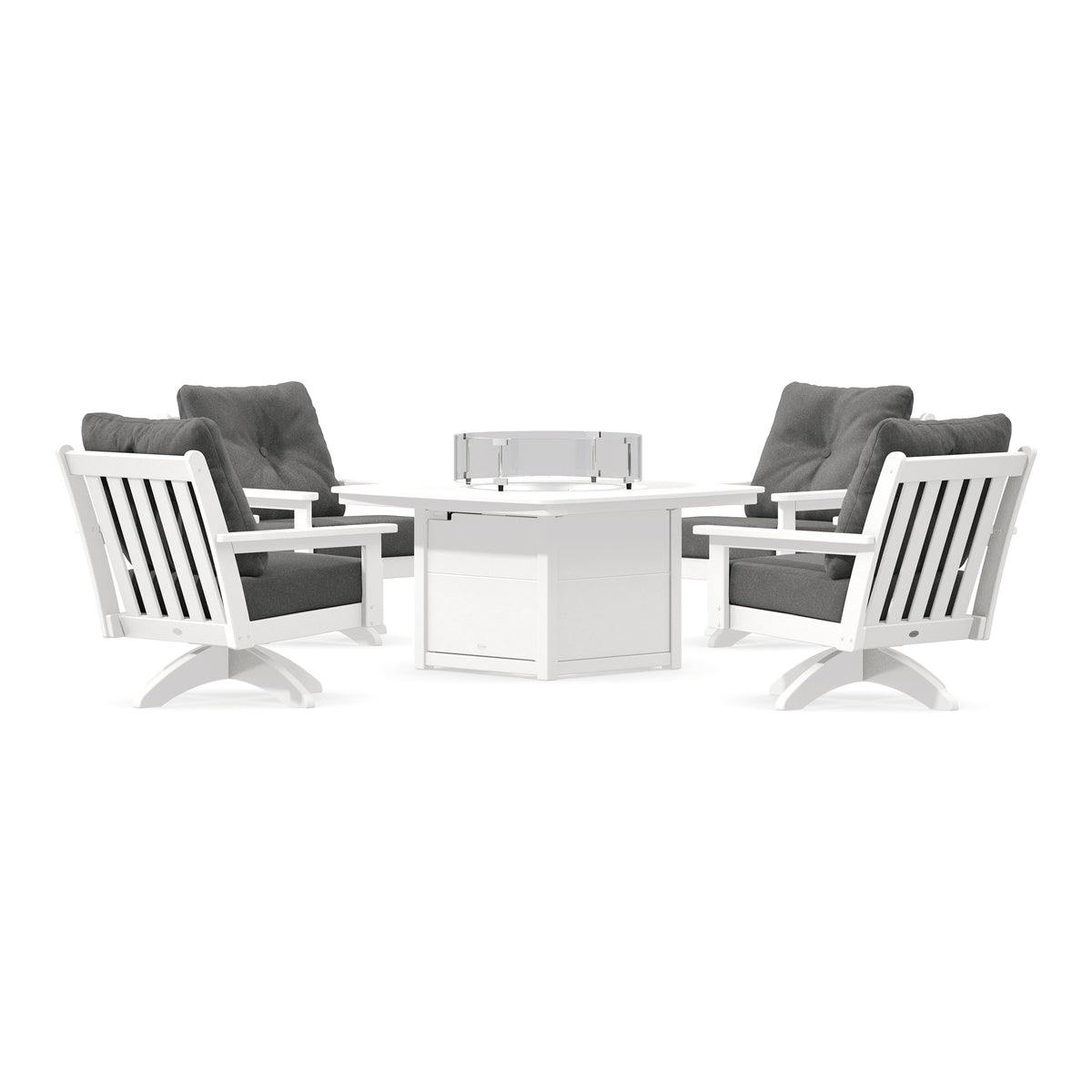 POLYWOOD Vineyard 5-Piece Deep Seating Swivel Conversation Set with Fire Pit Table in White