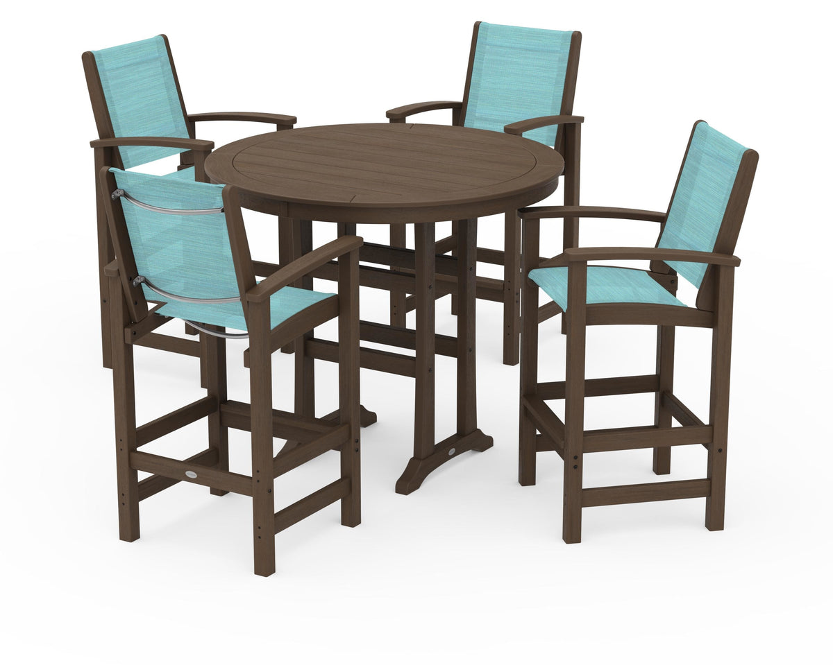 POLYWOOD Coastal 5-Piece Nautical Trestle Bar Set in Kona / Dupioni Aquamarine