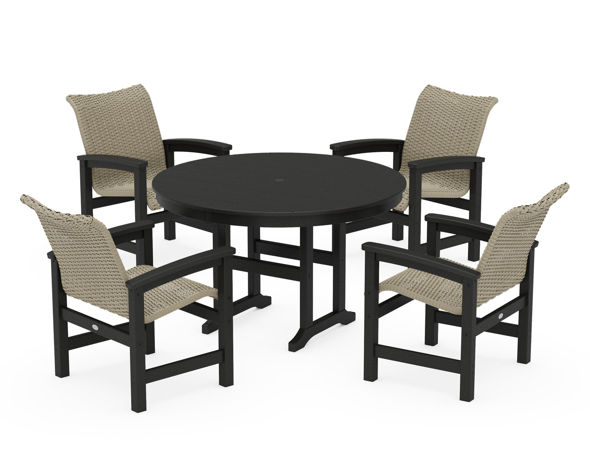 POLYWOOD Coastal Woven 5-Piece Round Farmhouse Dining Set in Black / Dune Grass