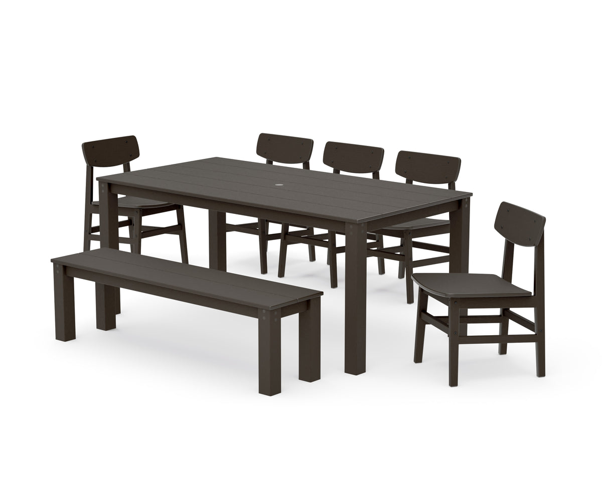 POLYWOOD Modern Studio Urban Chair 7-Piece Parsons Dining Set with Bench in Vintage Coffee