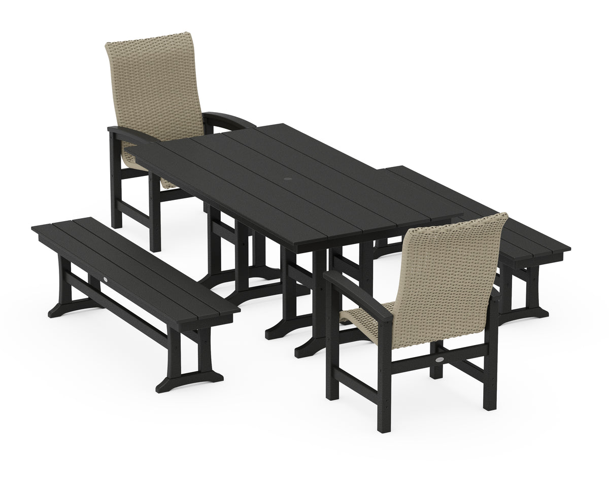 POLYWOOD Coastal Woven High-Back 5-Piece Farmhouse Dining Set with Benches in Black / Dune Grass
