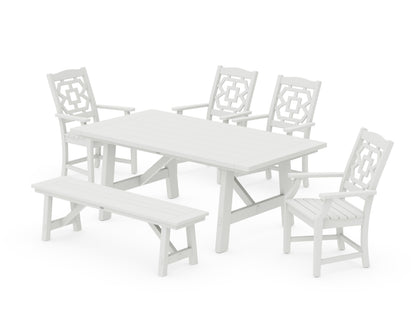 POLYWOOD Chinoiserie 6-Piece Rustic Farmhouse Dining Set with Bench in Vintage White