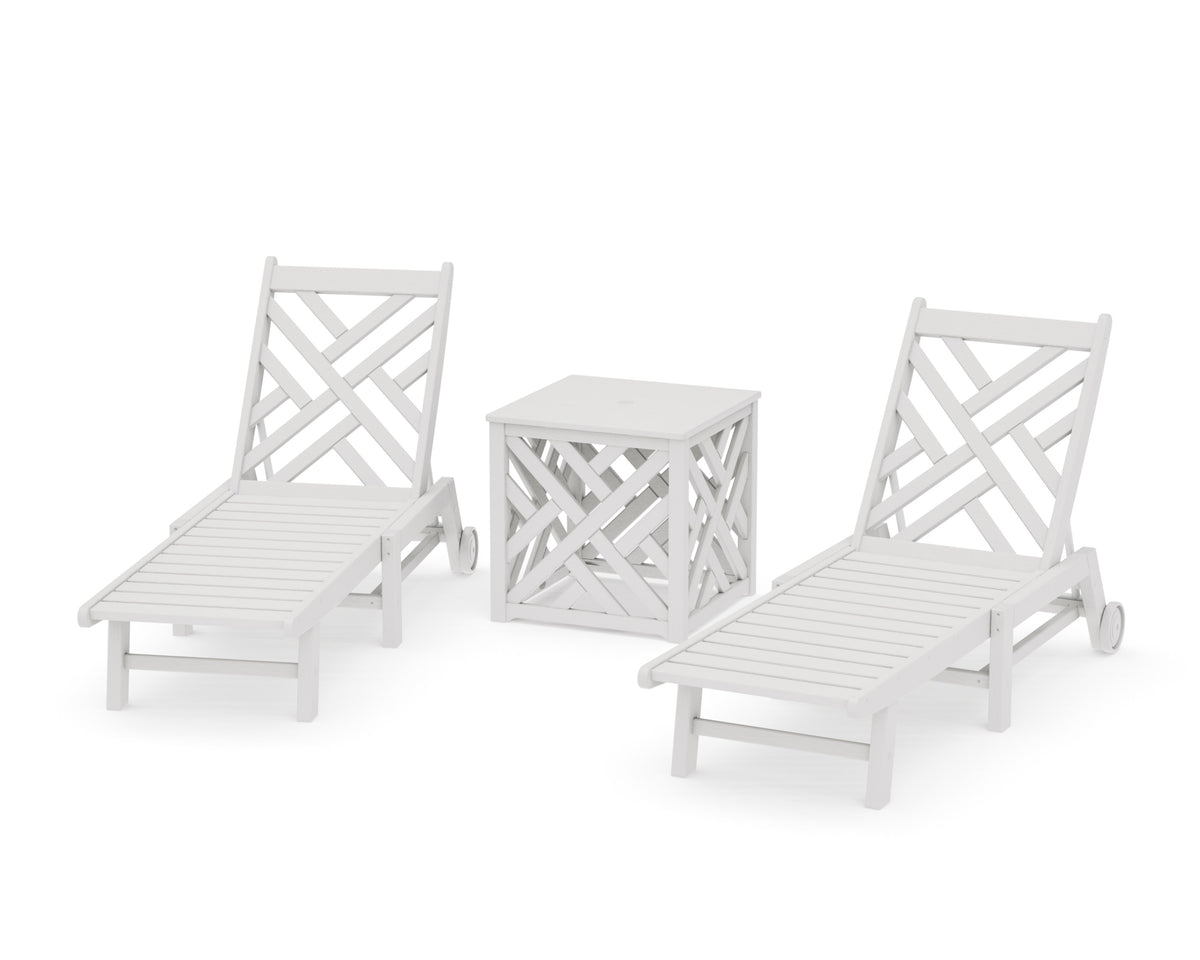 POLYWOOD Chippendale 3-Piece Chaise Set with Wheels and Umbrella Stand Accent Table in Vintage White