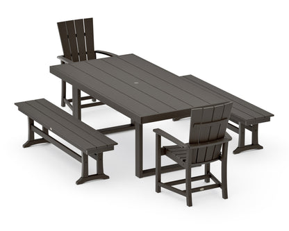 POLYWOOD Quattro 5-Piece Dining Set with Benches in Vintage Coffee