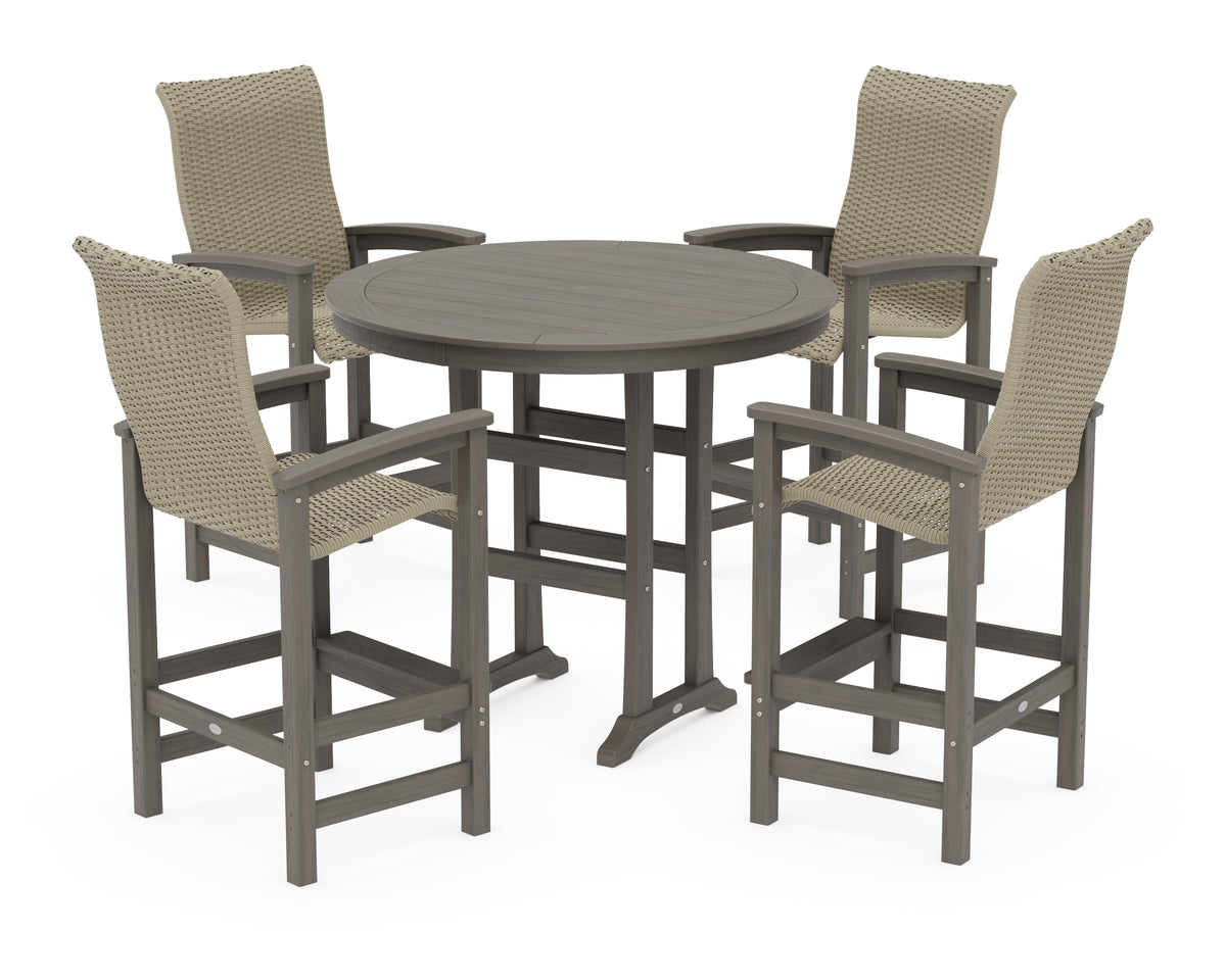 POLYWOOD Coastal Woven High-Back 5-Piece Round Bar Set in Driftwood / Dune Grass